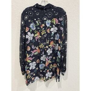 Johnny Was Jade Women’s M Blouse Black Moon Star Sun Celestial Floral Rayon